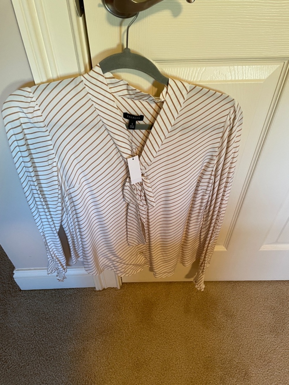 Talbots Cream Blouse with Brown Stripes and Neck Tie
